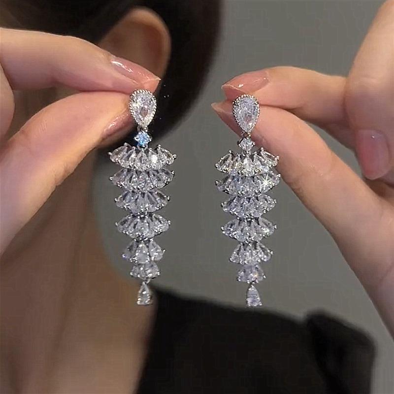 Silver Needle Zircon Waterdrop Tassel Earrings New Fashionable Light Luxury Versatile Stud Earrings with a Unique Sense of High-End Earring Design
