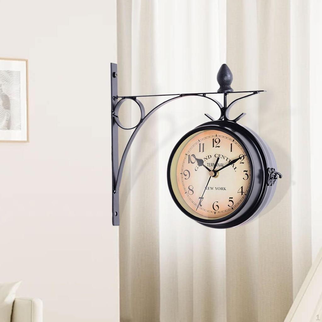 2 Sided Wall Clock Hanging Metal Creative Art Ornament Classic Home Decor for Bedroom Patio