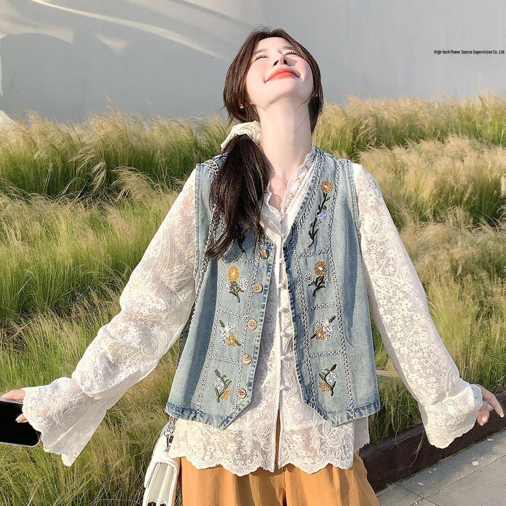 Women's Playful Two-Piece Set: 2026 Autumn French Embroidered Denim Vest & Lace Top