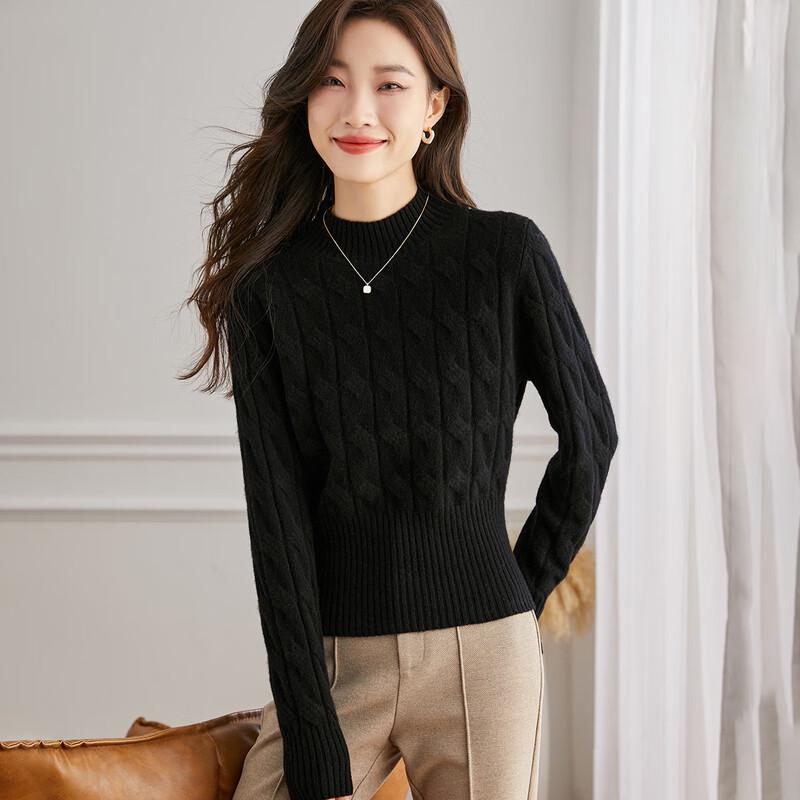 Srcr Women's Short 100% Wool Cable Knit Mock Neck Sweater