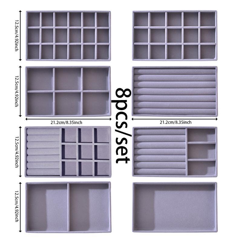 Flocking Jewelry Storage Box & Tray Set Space Saving 4/6/8Pcs for Organizing Rings Earrings Necklaces Vanity Drawer Use