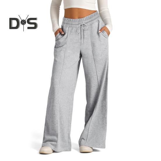 

Женские повседневные брюки с эластичной резинкой и высокой талией, регулируемые на шнурке, прямые широкие брюки с карманами, однотонные длинные брюки M светло-серый