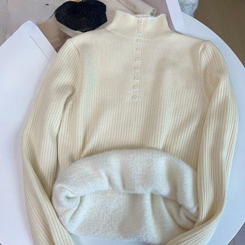 

Цельный бархатный свитер, женский вязаный свитер с полуворотником, длинный вязаный свитер для сна, модный зимний утолщенный плюшевый трендовый джемпер с внутренней подкладкой XL бежевый