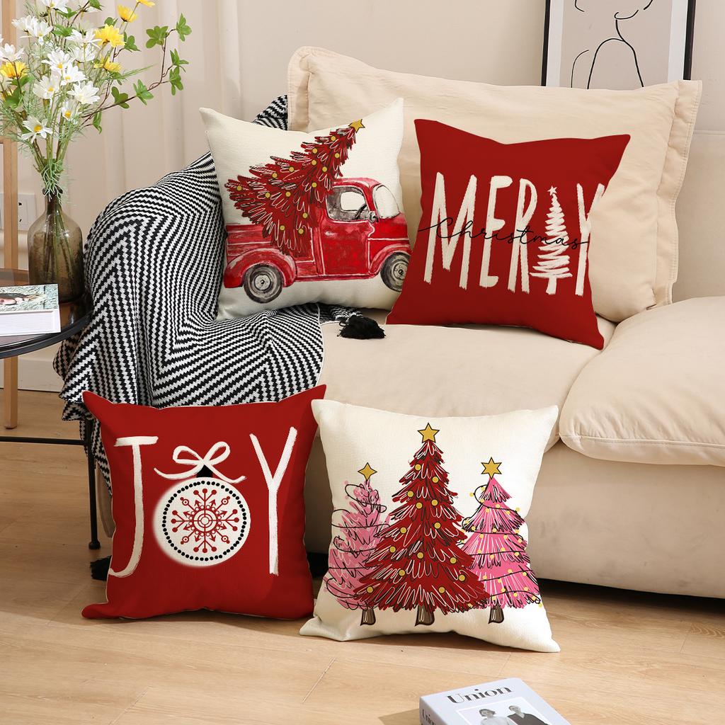 New Red Christmas Pillow Cover Linen Letter Print Pillow Living Room Decoration Sofa Cushion Cover