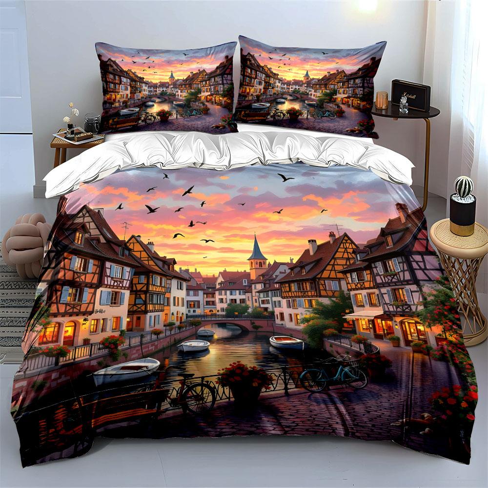 Rainbow Fairy Tale Town Scenery Duvet Cover Set With 3D Printing Design Soft Polyester Bedding Set All-Season Comfort For Gifts