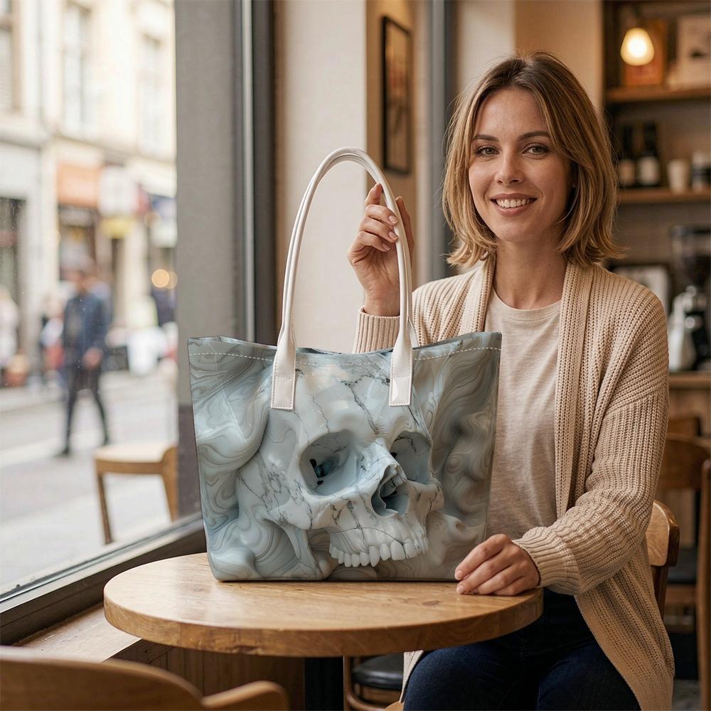 Marble Skull Print Tote Bag Trendy Cool Shoulder Bag Stylish Casual Daily Carry Bag