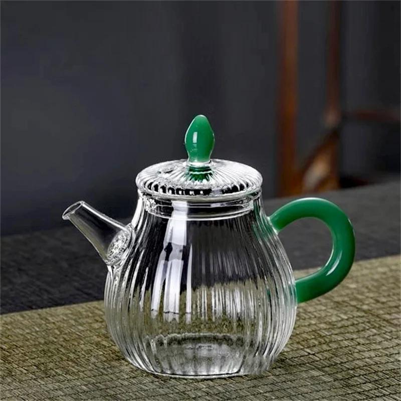 

200 мл Маленький Чайник из Полосатого Стекла Маленькой Вместимости Заваривание Цветочного Зеленого Чая Чайник Бытовой Чайник для Одного Человека Чайник для Кунг-Фу Чая Чайный Набор Чайная Посуда зелёный