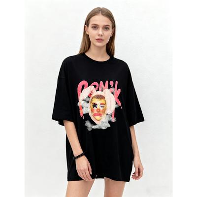 Oversized T-Shirt Black Graphic Print with Face and Text PORNik Casual Streetwear Fashion Statement Top for Women