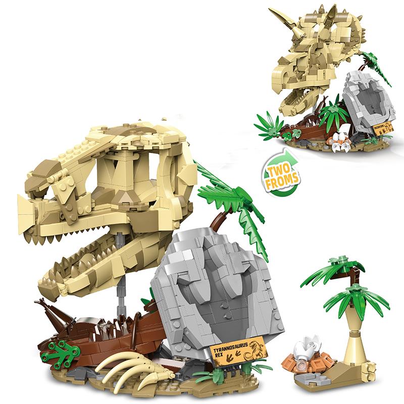 2-in-1 Dinosaur Fossil Skull Building Blocks DIY Animal Puzzle Assembly Educational Brick Toys Decoration Set For Adults Gifts