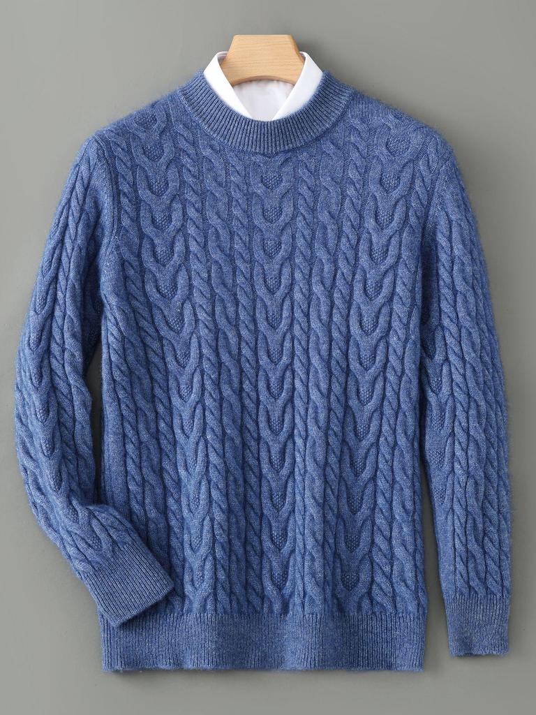 Men's 100% Pure Wool Round Neck Sweater – Autumn/Winter Thick Knit, Casual Loose Fit, Inner Cashmere Base Layer.