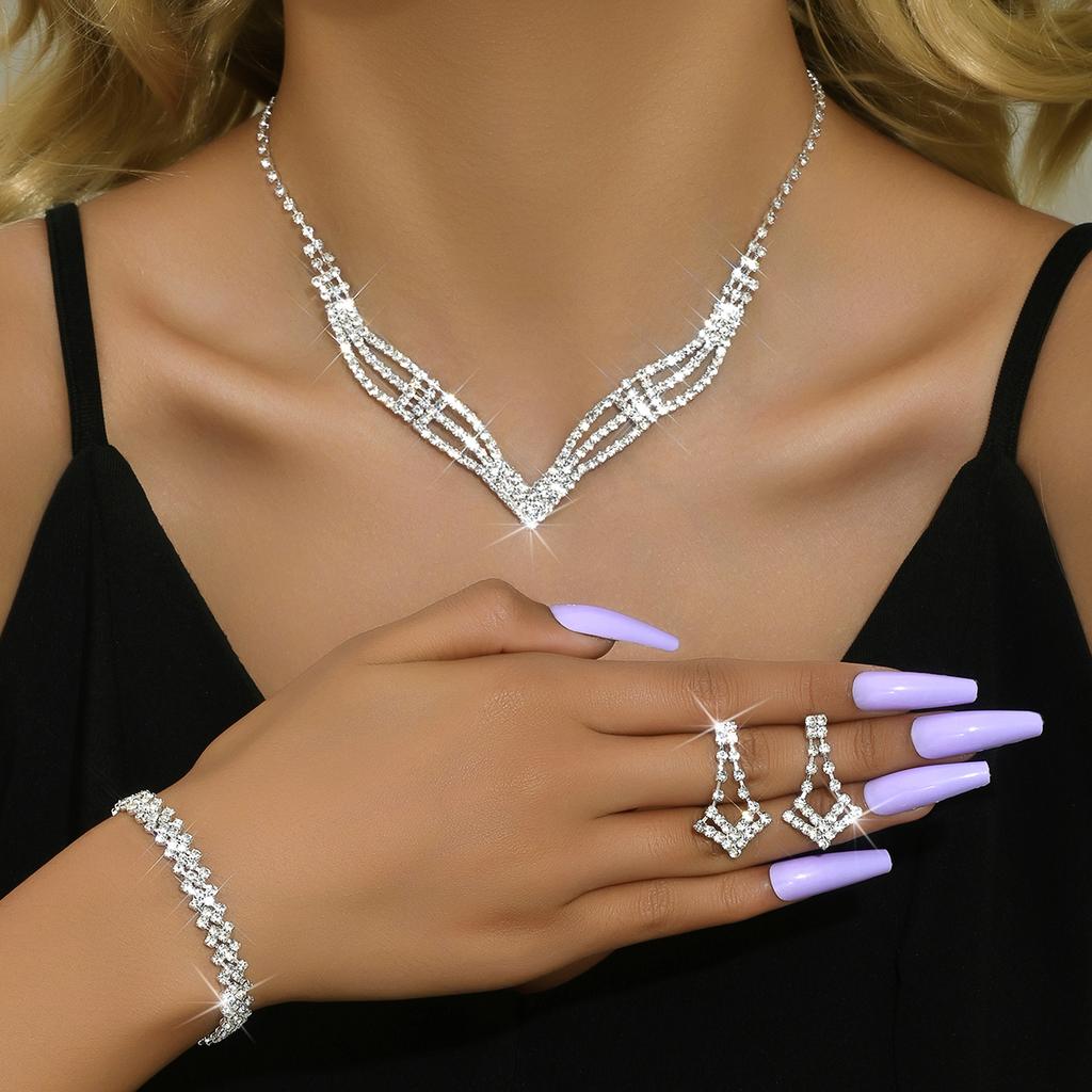 4PC Women's Fashion Geometric Necklace Earrings Bracelet Zircon Set Simple Light Luxury Style High End Zircon Set