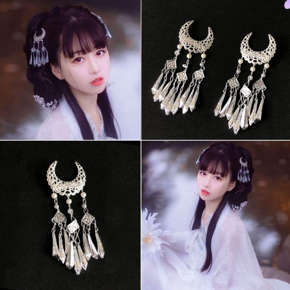Metal Ethnic Style Headwear crescent moon Hanfu Hair Clip Crescent Shape Tassel Hairpin  For Girl