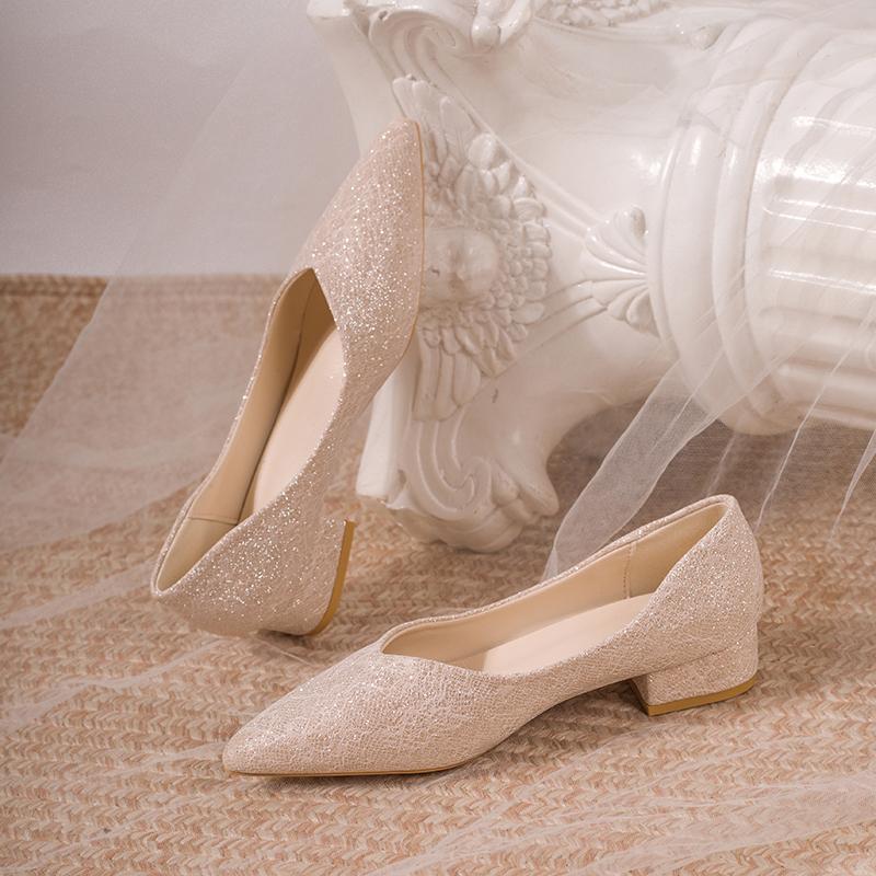 2025 New Fashion French All-match  Short Heel Flat Bottom Beauty  Shoes Pointed Toe Single Shoes Dress High Heels