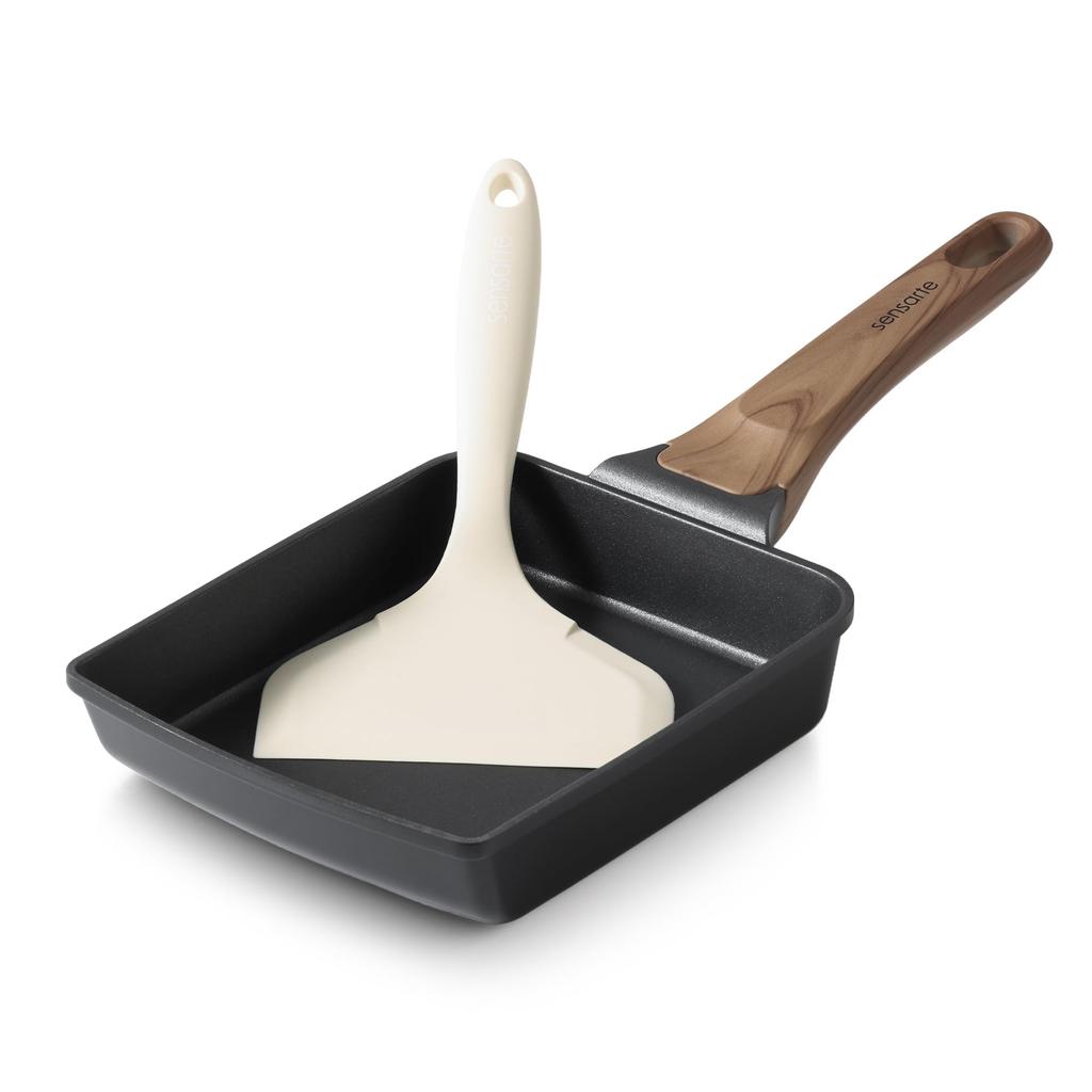 SENSARTE Egg Roll Pan with Spatula, 18cm x 15cm, IHGas Compatible, Non-stick, PFOA-Free, One-Year Warranty, Black