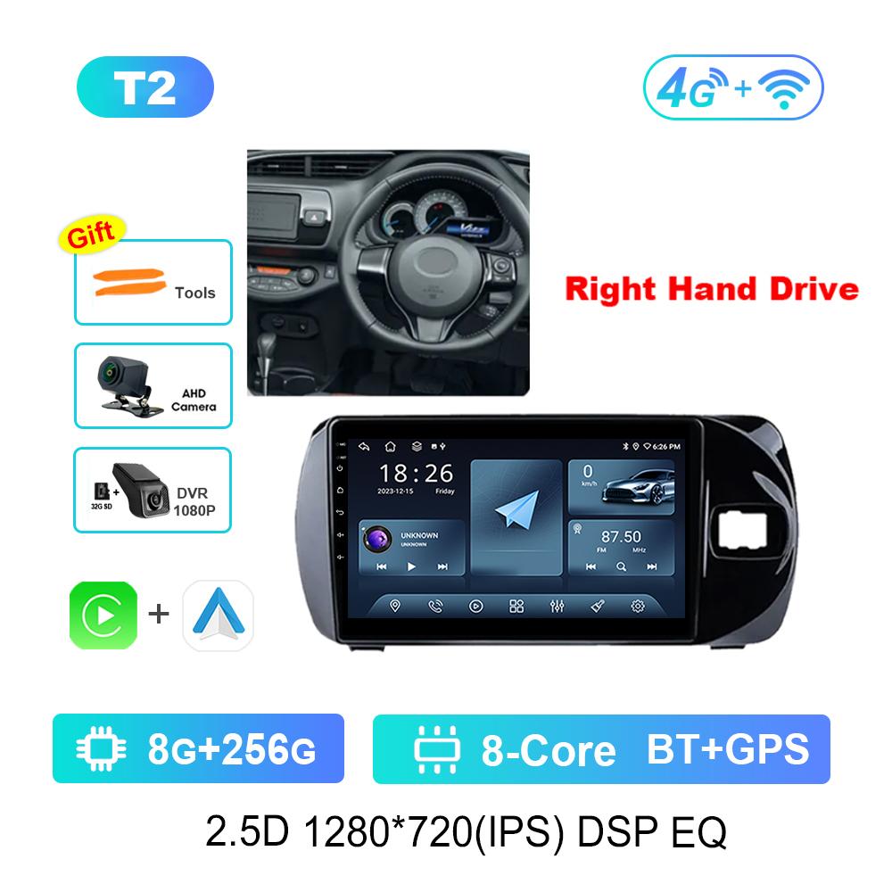 Right Hand Drvie Carplay Car Video Multimedia Player for Toyota Vitz 3 III XP130 2014 - 2019 Android Bluetooth WiFi+4G HD Screen