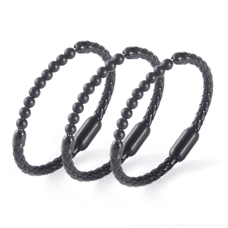 Men's Stainless Steel & Leather Bracelet with Black Frosted Stone & Hand-Woven Design