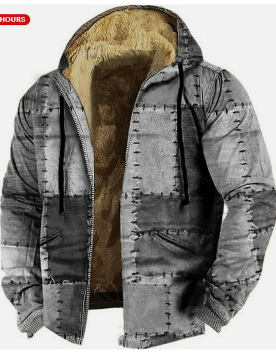 Veste d'hiver rétro pour homme en coton doublée polaire avec capuche et fermeture éclair