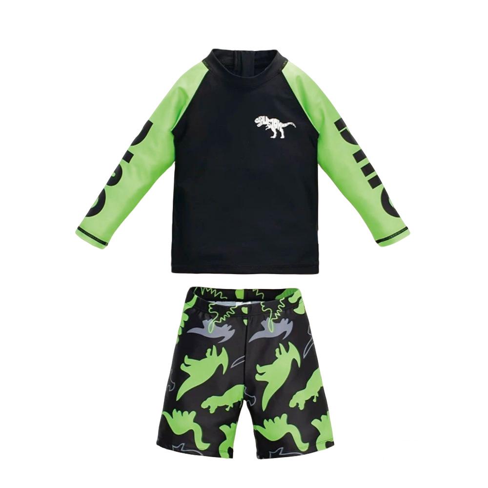 2026 Boys' Two-Piece Dinosaur Swimsuit Set – Long Sleeve, Sun-Protective, Breathable, Quick-Dry