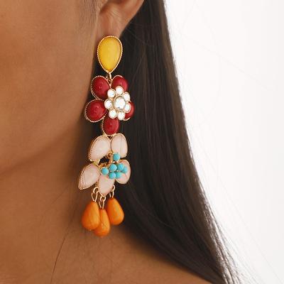 European American Fashion Exaggerated Long Tassel Earrings Bohemian Colorful Resin Flower Rhinestone Ear Jewelry