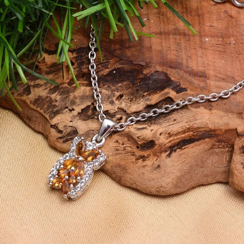 Natural Yellow Citrine Gemstone AAA+ 925 Sterling Silver Butterfly Pendant Weeding Necklace for Women