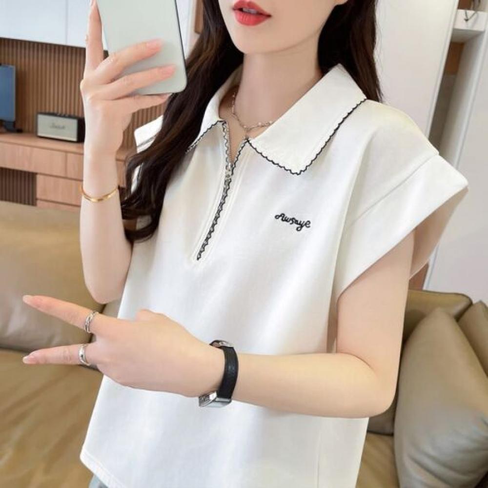 Navava Women Casual Embroidery Half Zip Collar Cap Sleeve T shirT nT3343