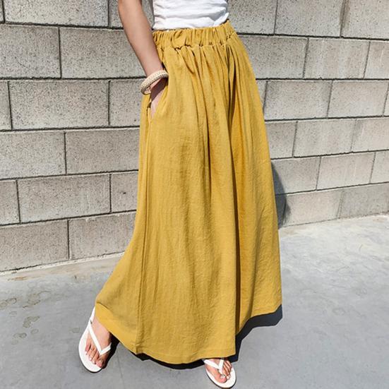 Women Pants Solid Color Side Pockets Temperament Elastic Waist Wide Leg Trousers Streetwear