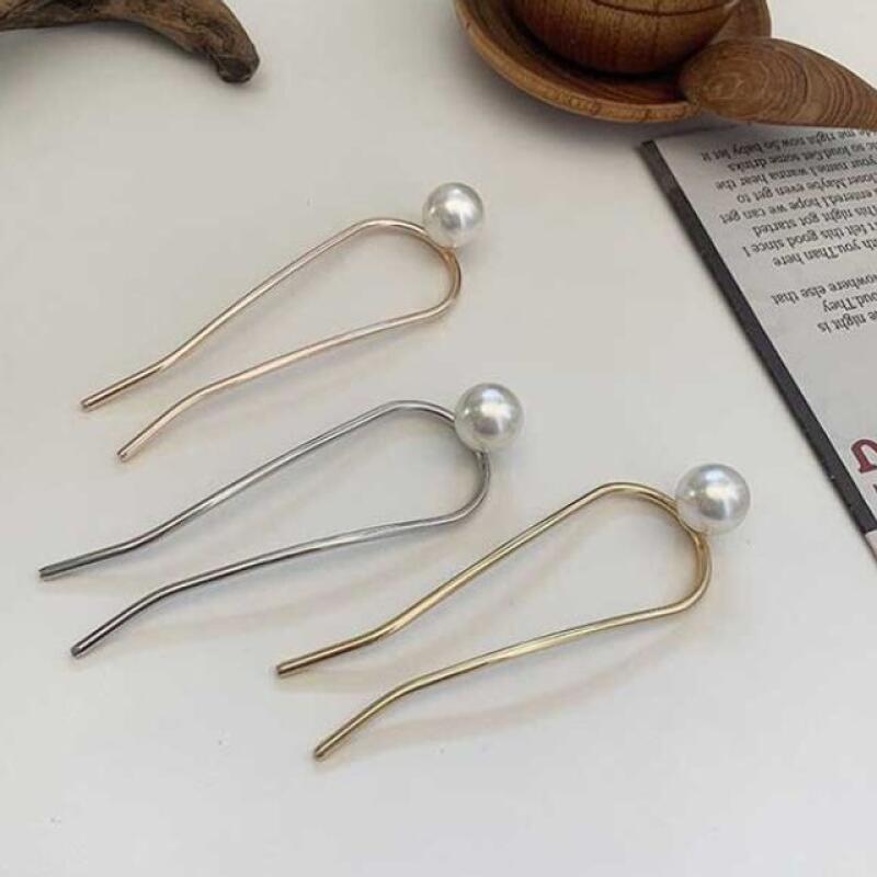Gold metal pearl hairpin 11-shaped small pearl