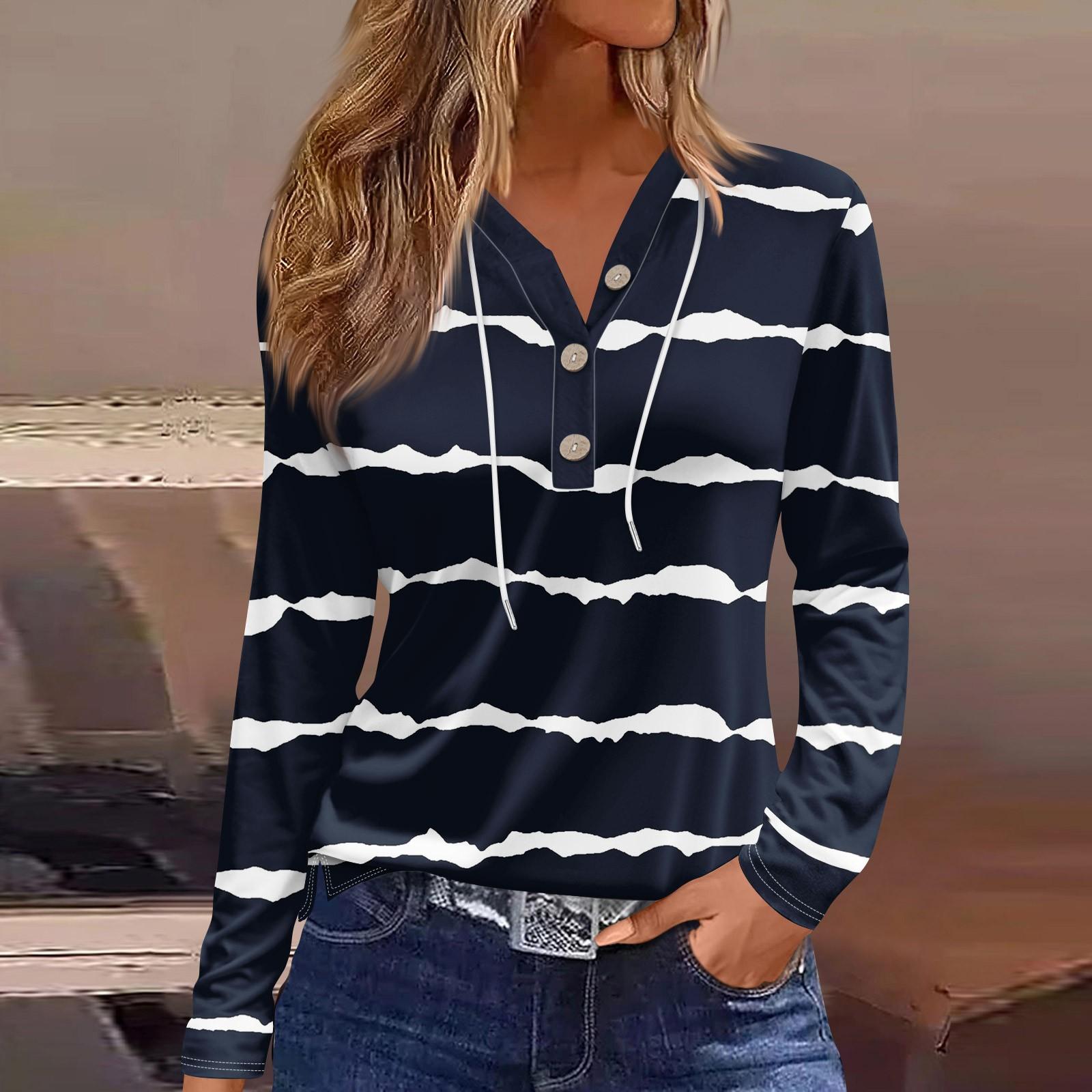 

Жіноча футболка з довгим рукавом і квітковим принтом на ґудзиках, щоденна мода на вихідні, звичайний топ із V-подібним вирізом S Темно-синій