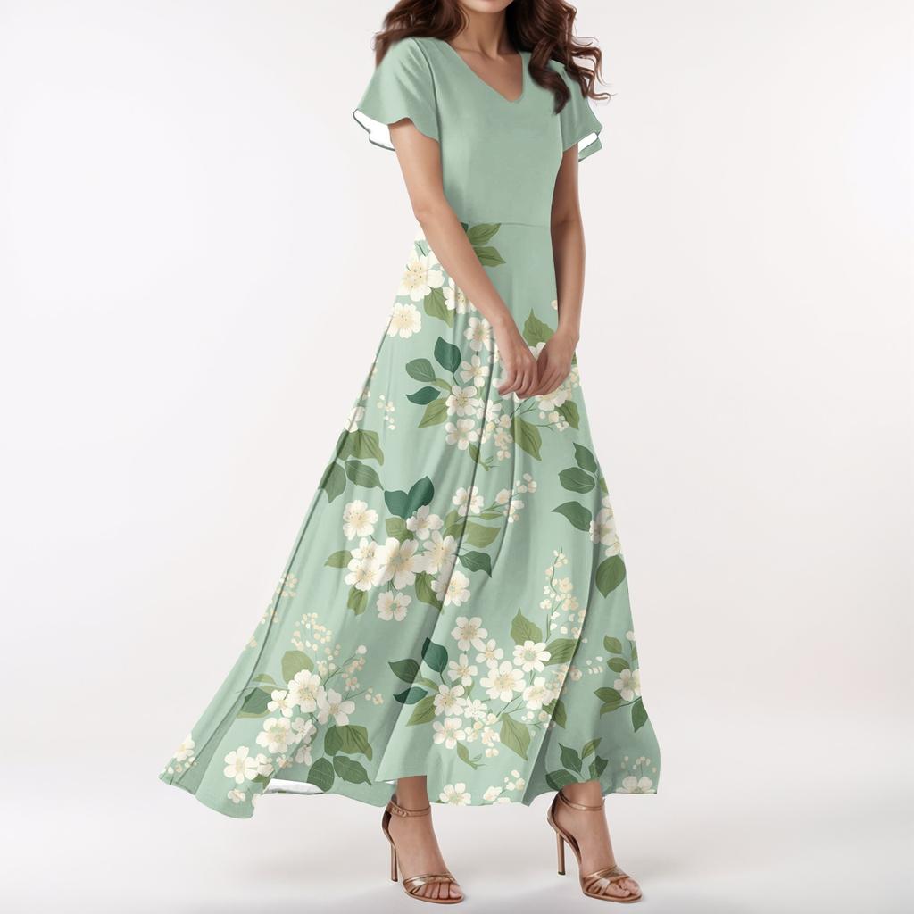 Lässiges Damenkleid mit V-Ausschnitt, kurzen Ärmeln und hoher Taille, Retro-Blumenblatt-Print