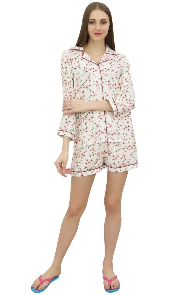Bimba Womens Off White Button-Down Shirt With Elastic Waist Short