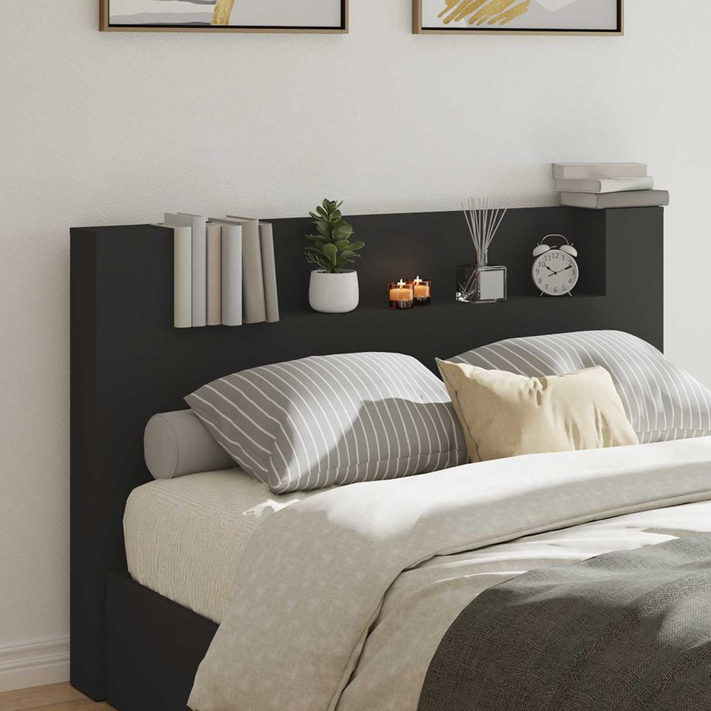 Headboard with Storage and LED Lighting Black Wood Based Material