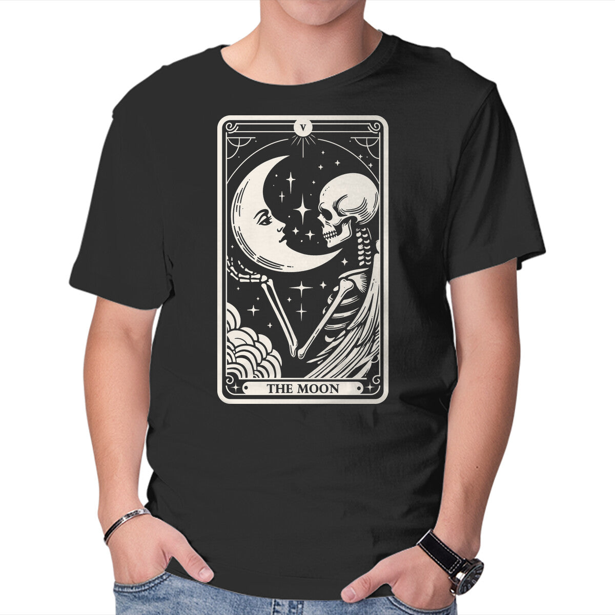 Unisex Crew Neck T-Shirt The Moon Tarot Skull Graphic Short Sleeve Casual Tee XS
