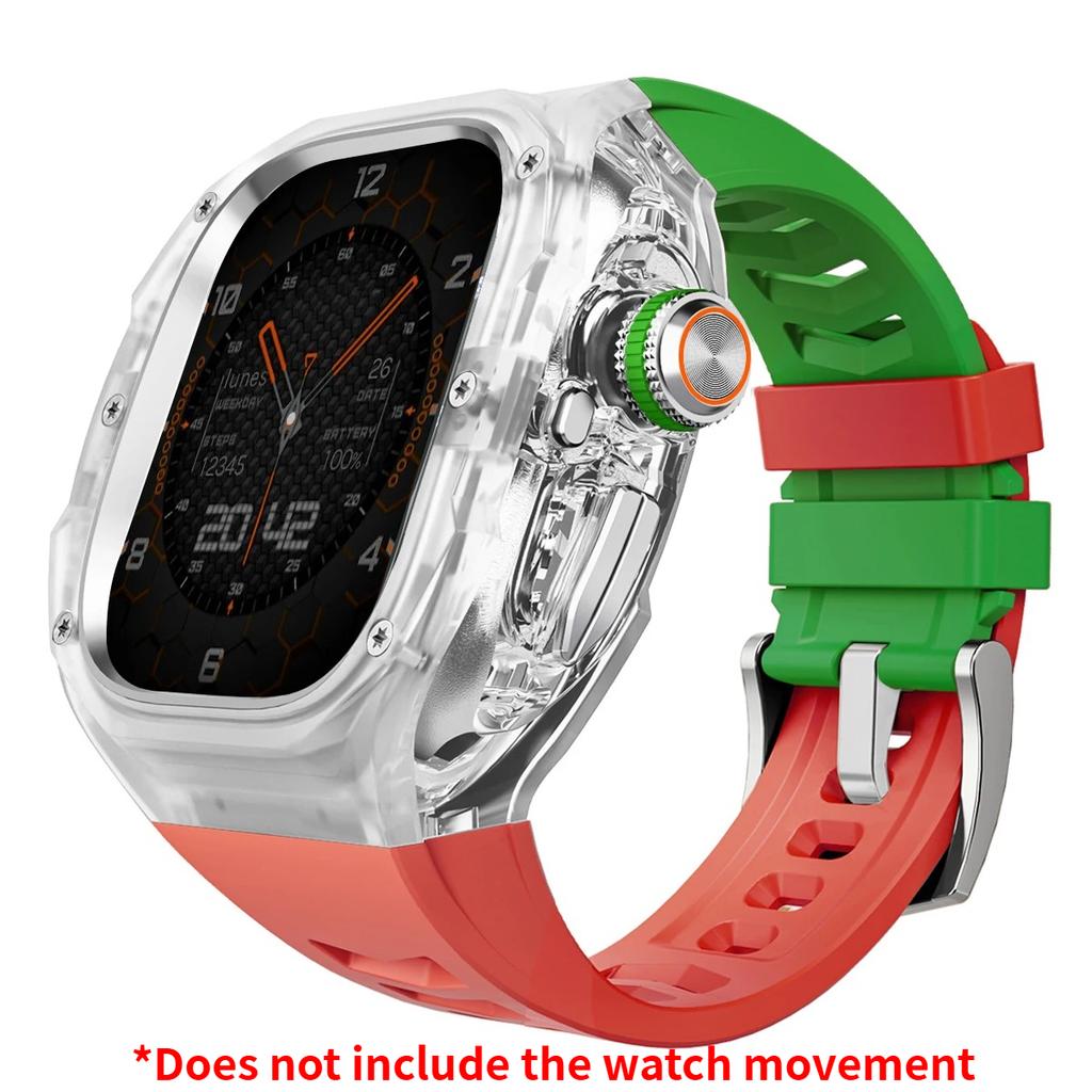 Prabangus modifikacijų rinkinys Apple watch Ultra 3/2/1 49mm Sportinis guminis dirželis+Dėklas Iwatch ultra 49mm Skaidrus Glacier dėklas Modifikavimo rinkinys