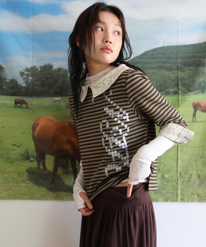 NOFFICIALNOFFICE Floral Collar Stripe Logo Top Khaki
