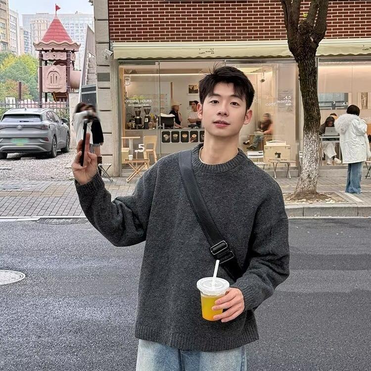 

Men s Dark Gray Crew Neck Sweater - Winter Korean-Style Soft Knit Base Layer Shirt Large темно-сірий