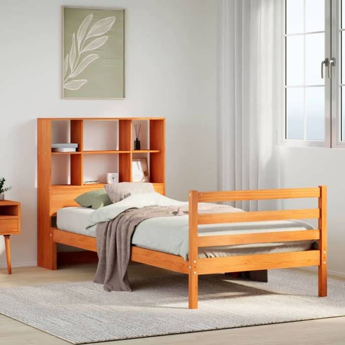 VidaXL Lit bibliothèque sans matelas cire marron 100x200cm bois massif, lit, meuble de chambre à coucher, lit avec 3321915