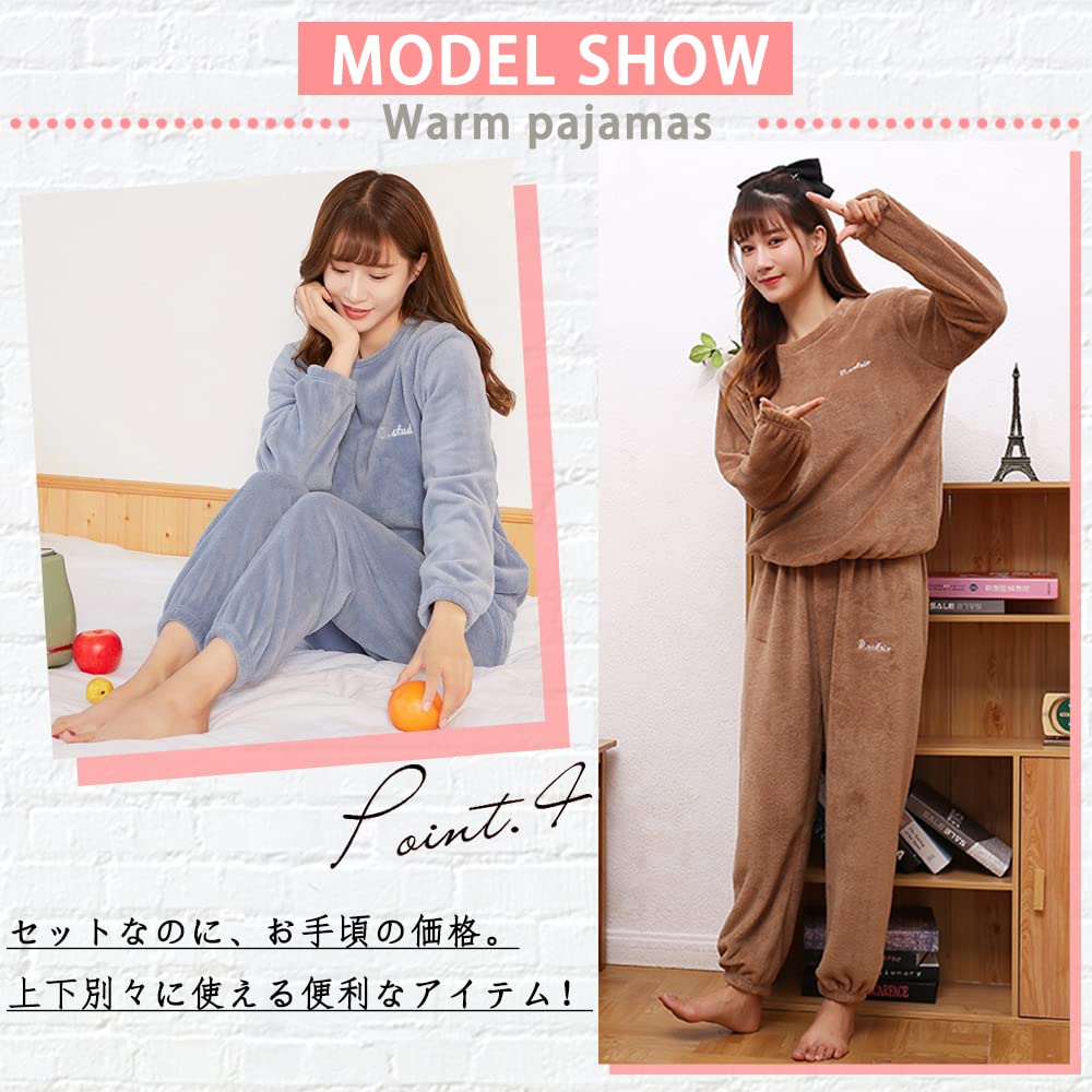 YUESUO Fluffy Winter Pajama Warm Cute Long and Set with Embroidered Fluffy and Perfect Gift Women's Set, Fleece, Loungewear, Pants, Top, 2-Piece Logo,