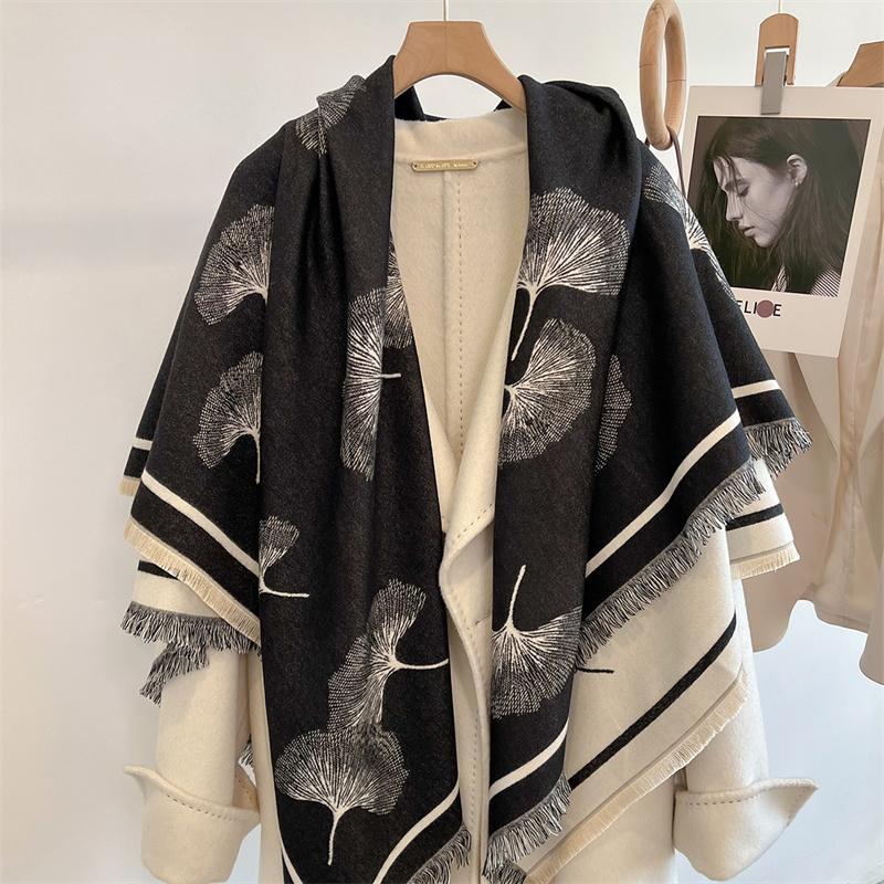 Winter Thick Warm Double Cashmere Scarf Shawl For Women Fashion Lady Long Camellia Temperament Blanket Bandana