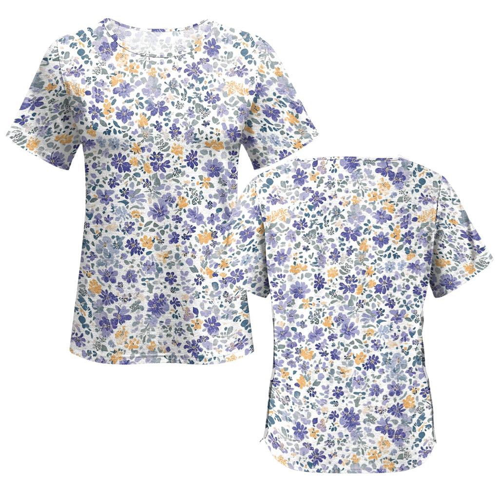 Women Postoperative Short Sleeve Floral Print Shirt with Shoulder Zipper and Side Hook and Loop Closure for Easy Dressing Comfort