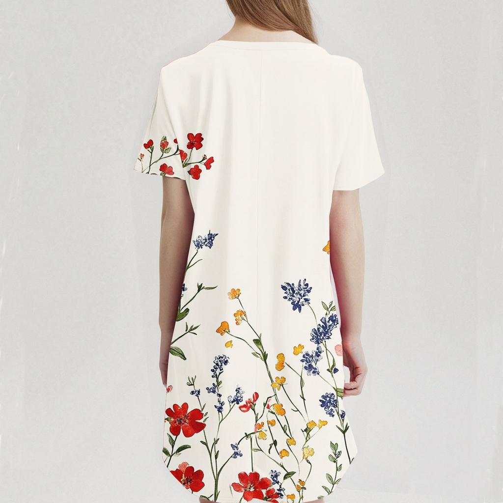 Damen Modisches Und Lässiges V-Ausschnitt Blumenmuster Mittellanges Taschen Kurzarm Oberteil