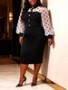 Plus Size Black & White Polka Dot Puff Sleeve Waist-Cinched Shirt Collar Work Dress