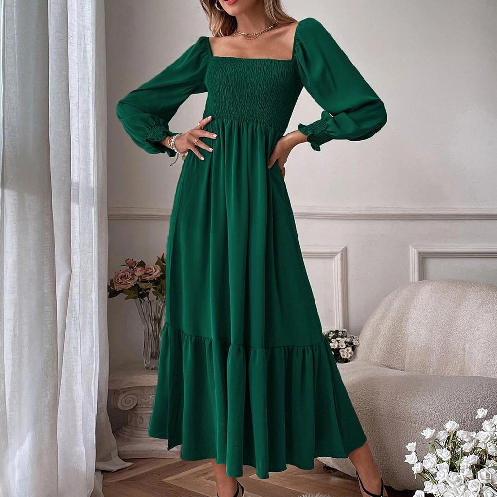 Moda Pullover da Donna Scollo Quadrato Maniche Lunghe Volant Vita Alta Aderente Abito