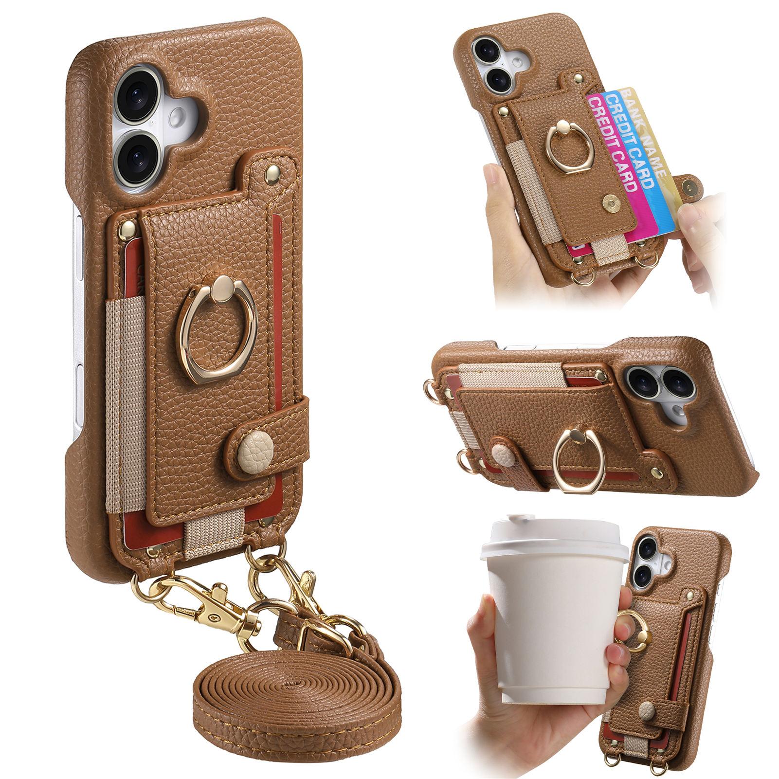 

For iPhone 16 Case Card Holder Ring Kickstand Leather + PC Phone Cover with Shoulder Strap F