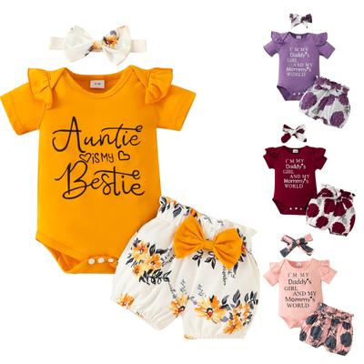 (Qunide) Summer Short Sleeve Letter Romper T-Shirt+Skirt+Headband Baby Girls Set Newborn Infant Outfit Children Costume Kids Bodysuits