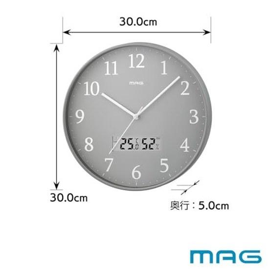 MAG Wall Clock Analog Radio Thermometer Hygrometer Stylish Cute Simple Interior Diameter 30.0 Cm Nighttime Second Hand Stop Gray Grigio W-816A GY-Z