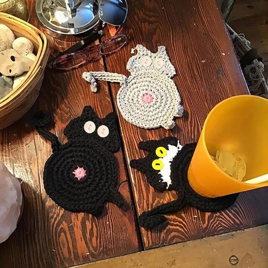 Funny Cat Butt Coasters Playful Knitted Drink Pads Heat-resistant Placements