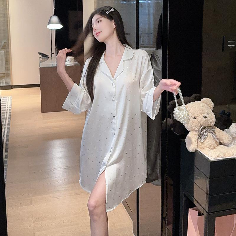 Popular ice and snow silk shirt skirt nightgown women's summer loose and comfortable fashion star relaxation loungewear large size