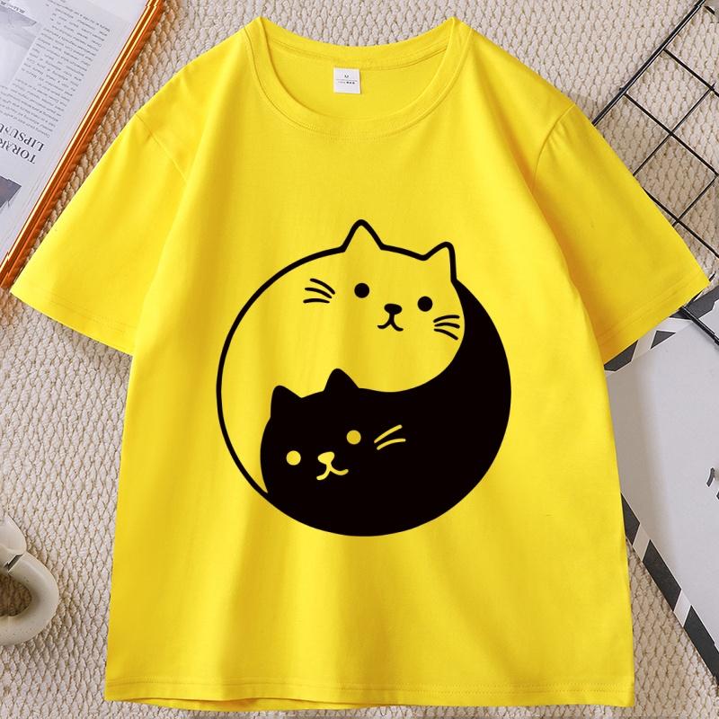 Yin Yang Cat TShirt Funny Cute Kawaii Kittens Tee Cotton Short Sleeve Summer Round Neck Tshirt Streetwear Basic Tees