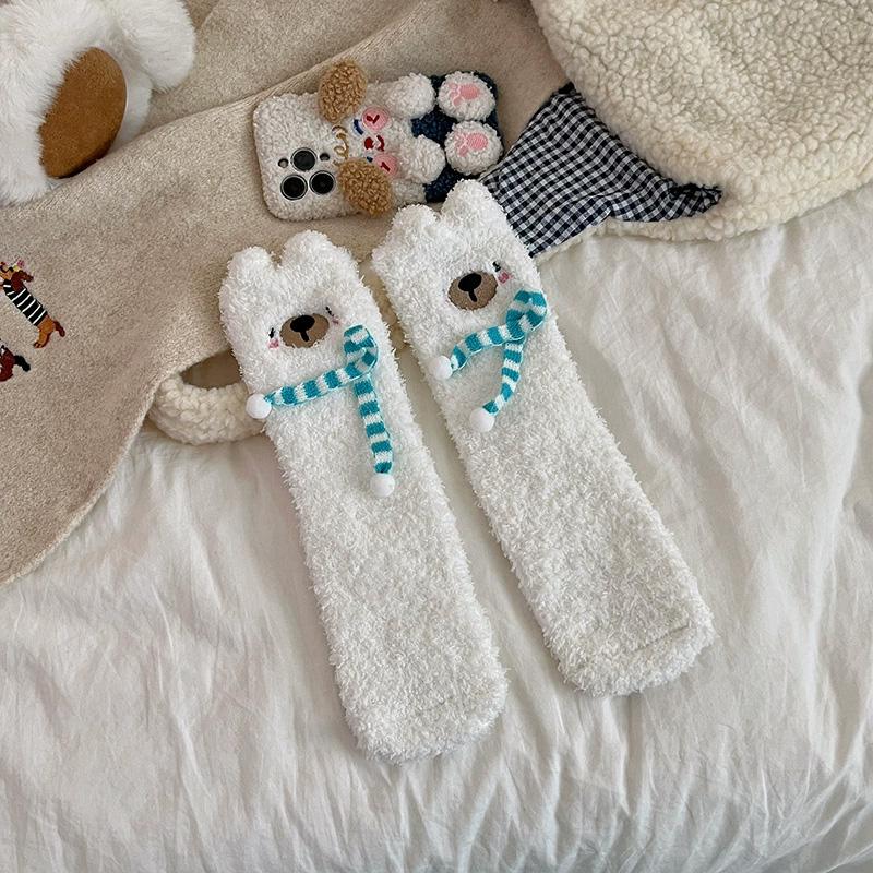 1Pair Sleep Socks Cute Little Bear Cartoon Coral Velvet Socks Soft Polyester Fiber