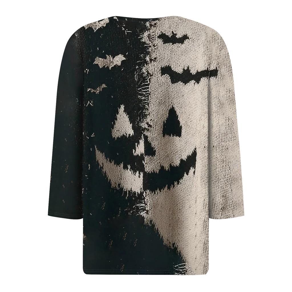 Women's Fashion Button-Up V-Neck Three-Quarter Sleeve Halloween Print Top